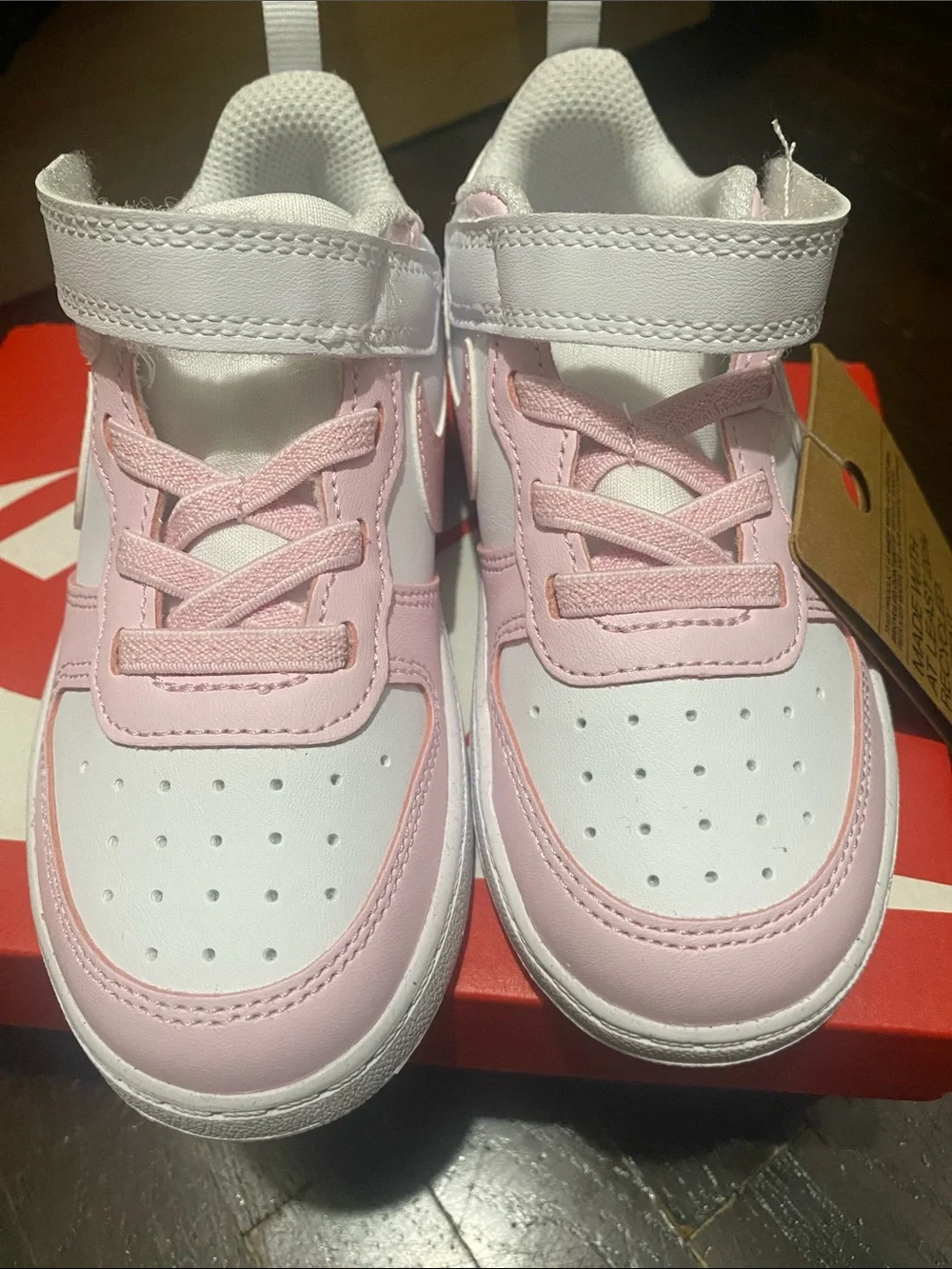 Nike Kids White and Light Pink Velcro Sneakers with Iridescent Swoosh